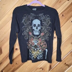 Top Heavy Youth Thermal Skull Black Grunge Skater Shirt Medium